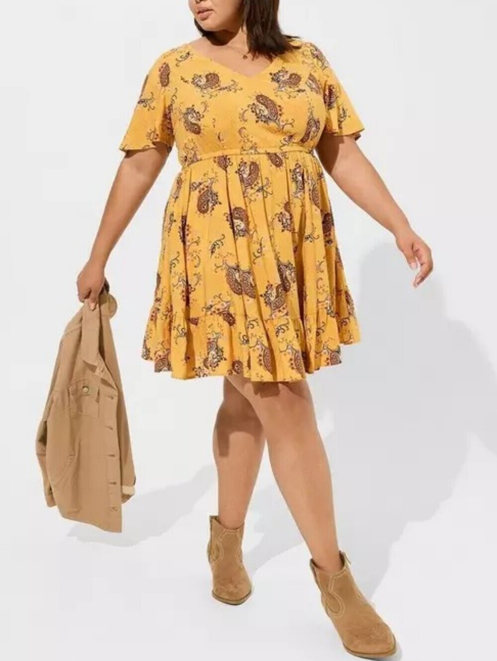 torrid Mustard Paisley V-Neck Mini Dress with Lace-Up Back...Size:4